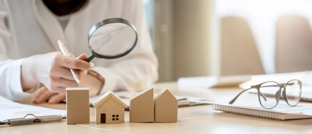 homme qui regarde des petites maisons en bois à travers une loupe