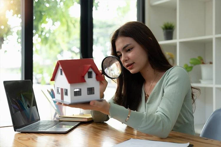Femme qui regarde une maison à travers une loupe